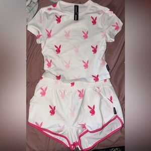 PLAYBOY White and Pink Bunny Print Pajama Set